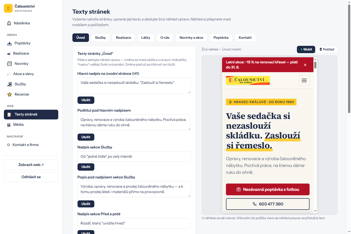 Editor textů s živým náhledem
