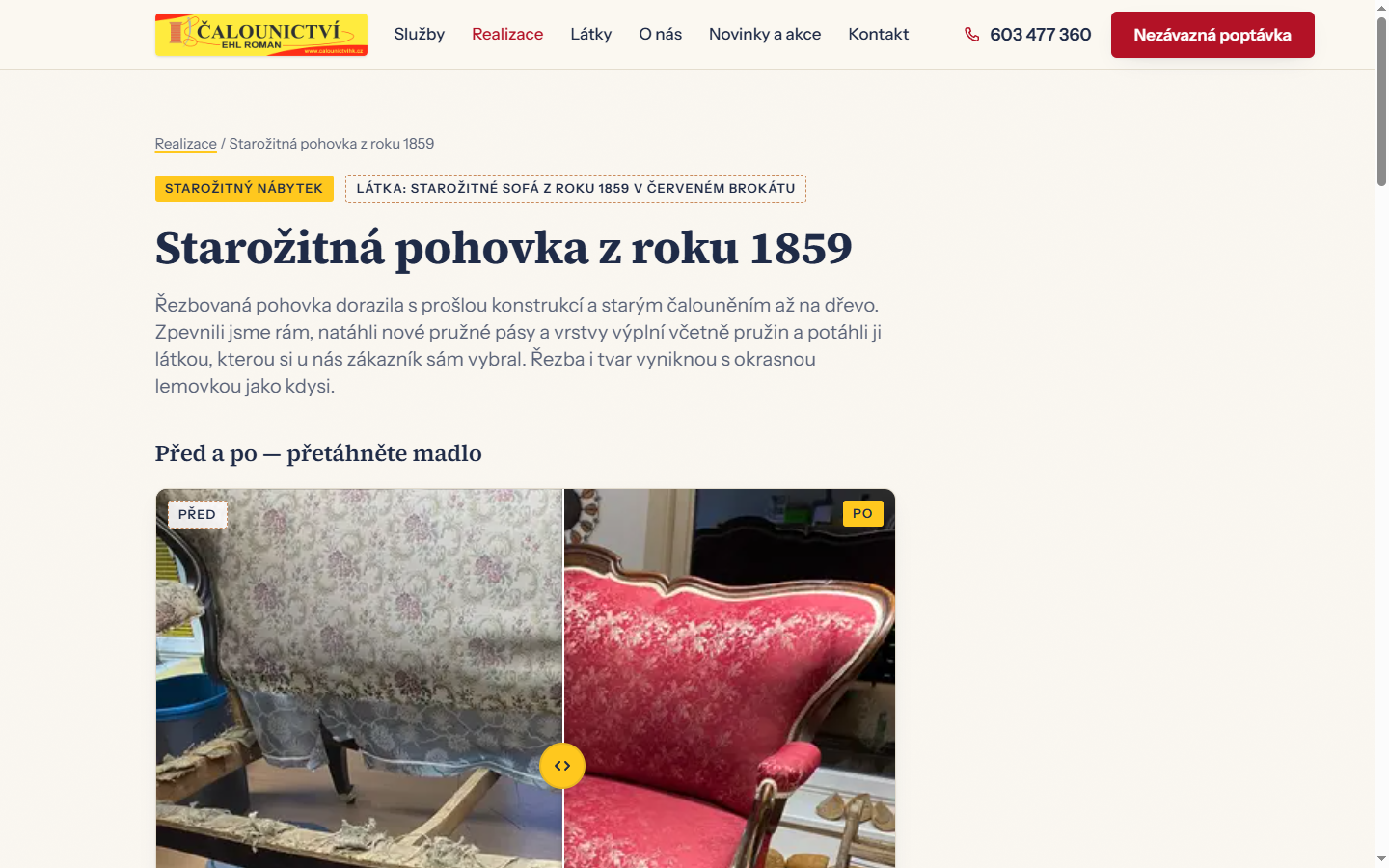 Detail realizace: starožitná pohovka z roku 1859